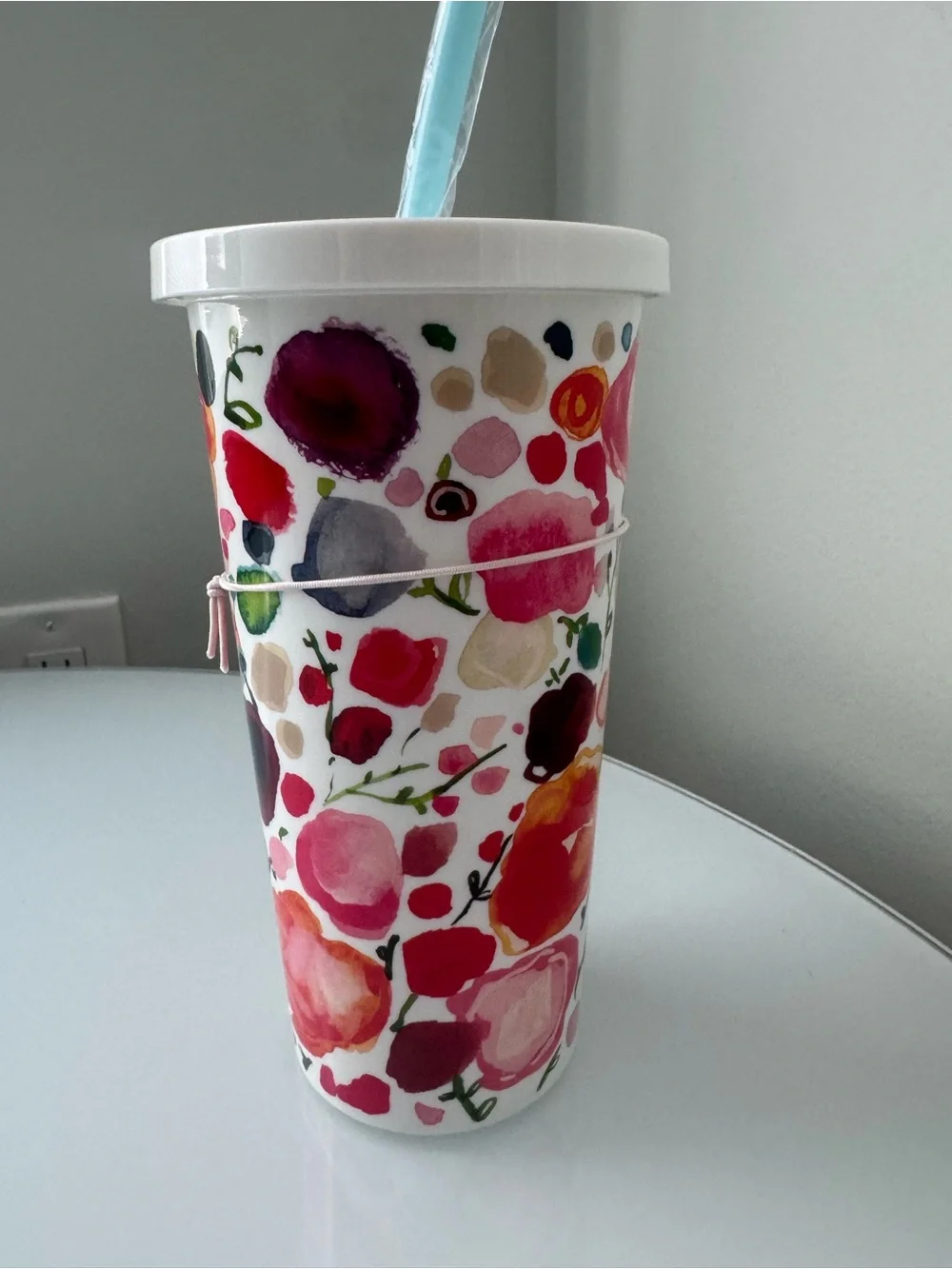 Kate Spade White & Pink Floral Insulated Tumbler Cup With Straw
